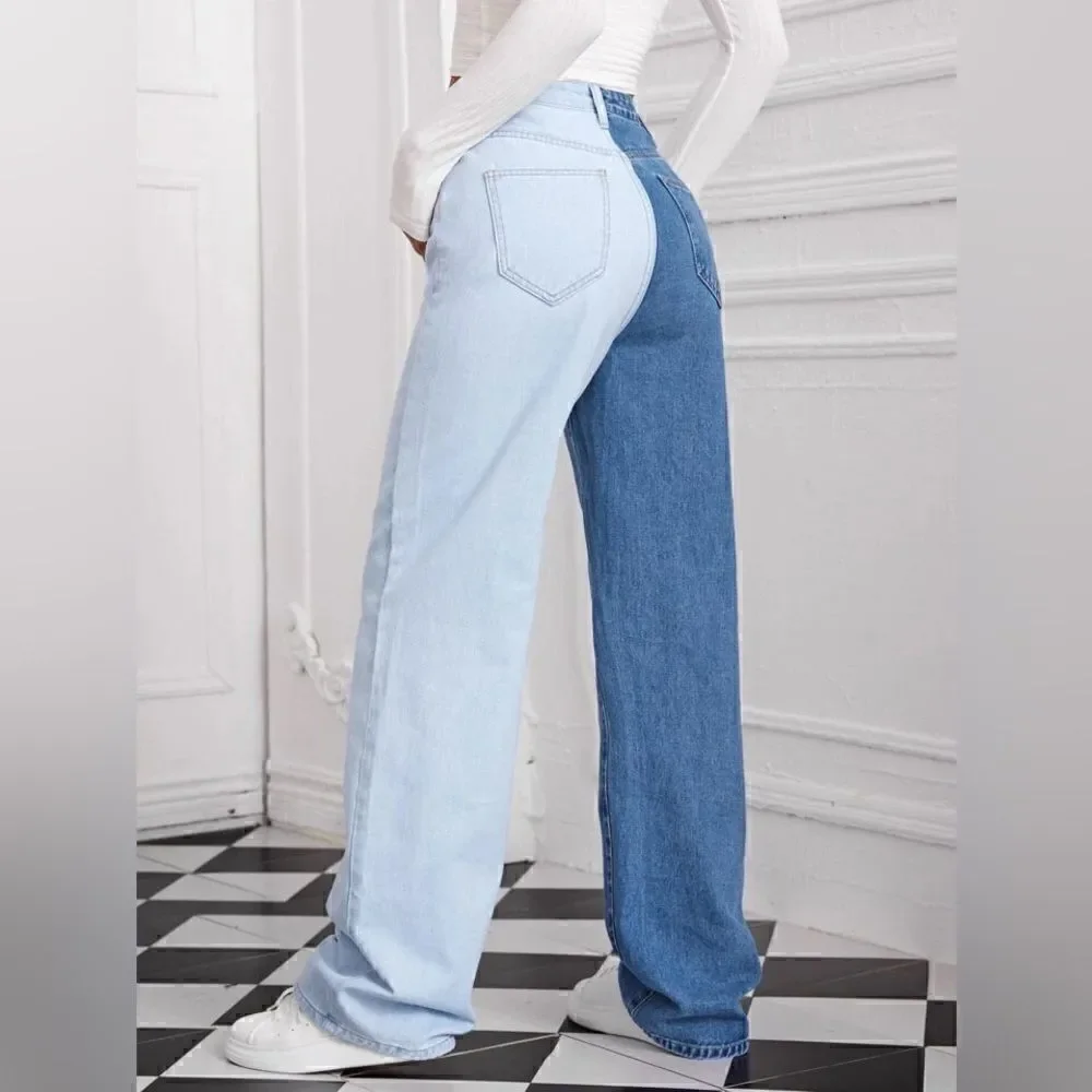 Trendy Shein High Waist Two-Tone Wide Leg Jeans